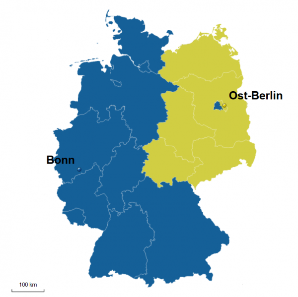 Grafik einer Deutschlandkarte mit der Teilung in Ost- und West-Deutschland.
